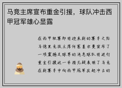 马竞主席宣布重金引援，球队冲击西甲冠军雄心显露